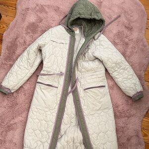 Quilted Hooded Jacket- Light Cream with Olive & Lilac Trim